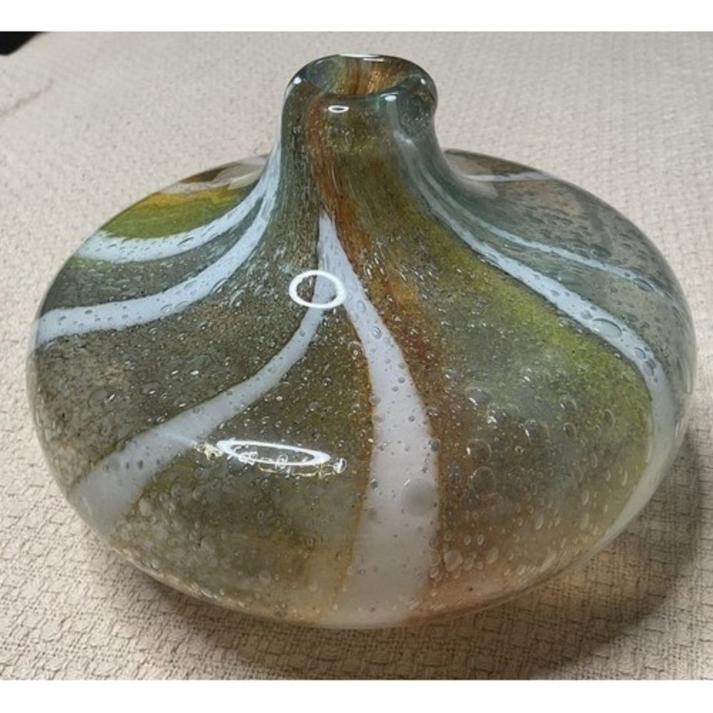 Vintage Murano Art Glass Vase‎ Green Gold Swirling MCM 8"x8"